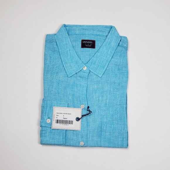UNTUCKit Blush-Aqua Button-Up Shirt Womens Size 8 Aqua Blue Linen LS Regular Fit - Picture 8 of 14
